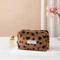 Plush leopard print makeup bag featuring Love Youth label and secure zipper closure - Coffee