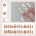 Elegant nude almond press-on nails with 3D bows, pearls, and quilted patterns - Z897 Plaid Bow