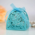 Light blue laser-cut wedding candy box with rose flower patterns and chiffon ribbon - Tiffany Blue