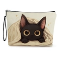 Trousse de maquillage en toile avec imprimé chat noir mignon et dragonne noire pratique - Motif Chat Enveloppé dans une Couverture