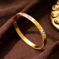 Golden titanium steel bangle with colorful enamel floral pattern for women - 6mm Enamel / Gold Abstract (A719)