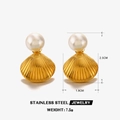 Golden scallop shell earrings with pearl inlay in stainless steel for beach vacation - Polished Shell Pearl Earrings-Gold 1