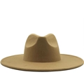 Vooraanzicht van een kameelkleurige wollen vilten fedora hoed met een brede rand - Eén Maat 58cm / Beige