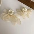 Elegant 3D tulip pearl earrings crafted with layered cream white organza petals - Beige Organza Flower (Silver Earring Post. Beige)