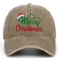 Macro view of khaki distressed washed baseball cap with Merry Christmas embroidery - Adjustable / Khaki