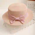 Pink woven straw boater hat with striped ribbon bow decoration for summer beach travel - M (56-58cm) / Light Pink