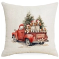 Housse de coussin Noël avec camion rouge vintage et cinq chiens mignons sous le sapin - Style de Chien de Camion 5 / 45*45cm Lin simple face