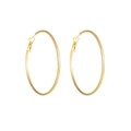 Detailed macro view of large polished golden stainless steel hoop earrings with pin closure - 50mm / Gold
