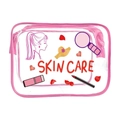 Pink trim transparent PVC makeup bag with skin care print and secure zipper closure - 117-Skin Care Theme Pink