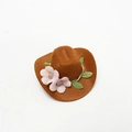 Close-up of mini brown felt cowboy hat with pink floral accents for bottle decor - Pink Flower / Brown