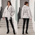 Chic mid-length white and grey faux fur coat for women with stylish waist belt and lapel - S / White