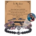 Pink and black stone bead couple bracelets set with heart charms and photo projection stone - Pink Texture Stone & Black Lava Set (Couple Bracelet-15)