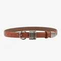 Slim light brown leather belt with silver metal rings and horseshoe buckle for women - Light Brown