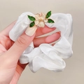 Elegant white lily of the valley hair scrunchie with green leaves on a silk fabric band - FQ1004C White
