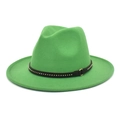 Detail of green fedora hat with black decorative band featuring metallic studs and buckle - M (56-58cm) / Grass Green