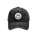 Washed black denim baseball cap with white chenille smiley face patch for kids and adults - Adult / Black