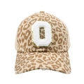 Detail of leopard print baseball cap featuring sequin embroidered letter O and mesh back - Leopard-Letter O
