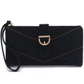 Detail of black matte long wallet featuring V-shaped stitching and a metal D-buckle closure - Black