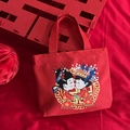 Red canvas wedding tote bag featuring a cute traditional Chinese bride and groom cartoon - Match Made in Heaven