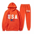 Orange two-piece hoodie and sweatpants set featuring USA flag and letter print - S / Orange