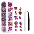 12-grid box of pink and iridescent glass nail art rhinestones with tweezers and wax pen - Rainbow with Tweezers & Pen (ZSHZ-211 with Tools)