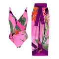 Dreiteiliger Bikini-Set mit tropischem Blumendruck, rosa Badeanzug und passendem Wickelrock - S / Oberteil Und Unterteil / Blume auf Stein Rosa
