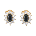 Golden sunburst stud earrings with oval black center stone and white zircon stones - Black Main Stone White Side Stones Gold Base