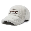 Winter faux shearling baseball cap in white with vintage embroidery for a cozy look - White