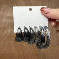 Three-pair set of C-shaped resin earrings with vintage black and white marble textures - 3-Pair Set - Black White Marble Texture