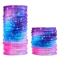 Purple and blue galaxy print seamless magic headwear shown in expanded and folded states - Purple Blue Constellation