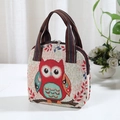 Ethnic shell bag with red owl embroidery and colorful striped handles in canvas - Yellow Owl
