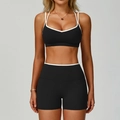 Women's black sports bra and biker shorts set with contrast white trim detail - S / Bra + Shorts / Premium Black