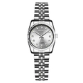 Close-up of silver quartz watch featuring diamond hour markers and polished steel strap - Silver Small