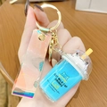 Blue cat milk tea cup keychain with a colorful laser wrist strap and golden ring - Blue
