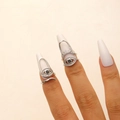 Macro detail of adjustable evil eye nail ring with cubic zirconia and black gemstone - Nail Ring / 2-Piece Set / Silver