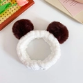 White plush headband with dark brown pom-pom ears for washing face or makeup - Coffee
