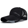 Black breathable mesh sports baseball cap with grey brim accents and printed fashion logos - Adjustable / Half Mesh Black Cap