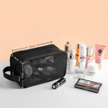 Black mesh toiletry bag in size 22x12x9cm with zipper closure and nylon handle strap - Model 031 Horizontal Version