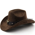 Retro dark brown suede cowboy hat featuring a vintage bull head metallic ornament - M (56-58cm) / Coffee