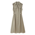 Robe trapèze sans manches pour femme en lin avec col en V, boutons et ceintures - XS / Kaki