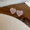 Handmade pink heart-shaped crystal stud earrings displayed on a dark wooden tray - 51# Silver Earring Post - Pink - Heart