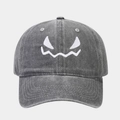 Close-up of white ghost embroidery on dark gray washed cotton baseball cap with vintage texture - Adjustable / Gray