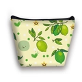 Pale yellow trapezoidal cosmetic bag with green lime prints and black zipper closure - Lime