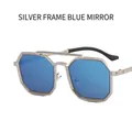 Steampunk silver metal octagon sunglasses with double bridge and blue mirrored lenses - Silver Frame Blue Mirror Lens