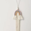 Rainbow knitted hair clip holder with beige cotton strap and natural wood bead décor - Pink Mini Rainbow