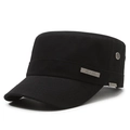 Classic black cotton canvas flat top military cap with metal Sport badge for men - Adjustable / Black
