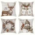 Set van vier kerstkussenslopen met rendier-, sneeuwpop- en feestelijke motieven - Retro Handgeschilderd Rendier/Sneeuwpop Set