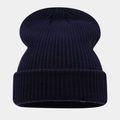 Detailed view of dark blue ribbed knit beanie with wide folded cuff and stripe texture - 201# Navy Blue