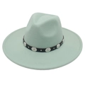 Mint green wide brim felt fedora hat with silver studded decorative band accent - Mint Green