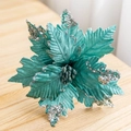 25cm teal velvet poinsettia Christmas flower with silver glitter and sequins on petals - Malachite green